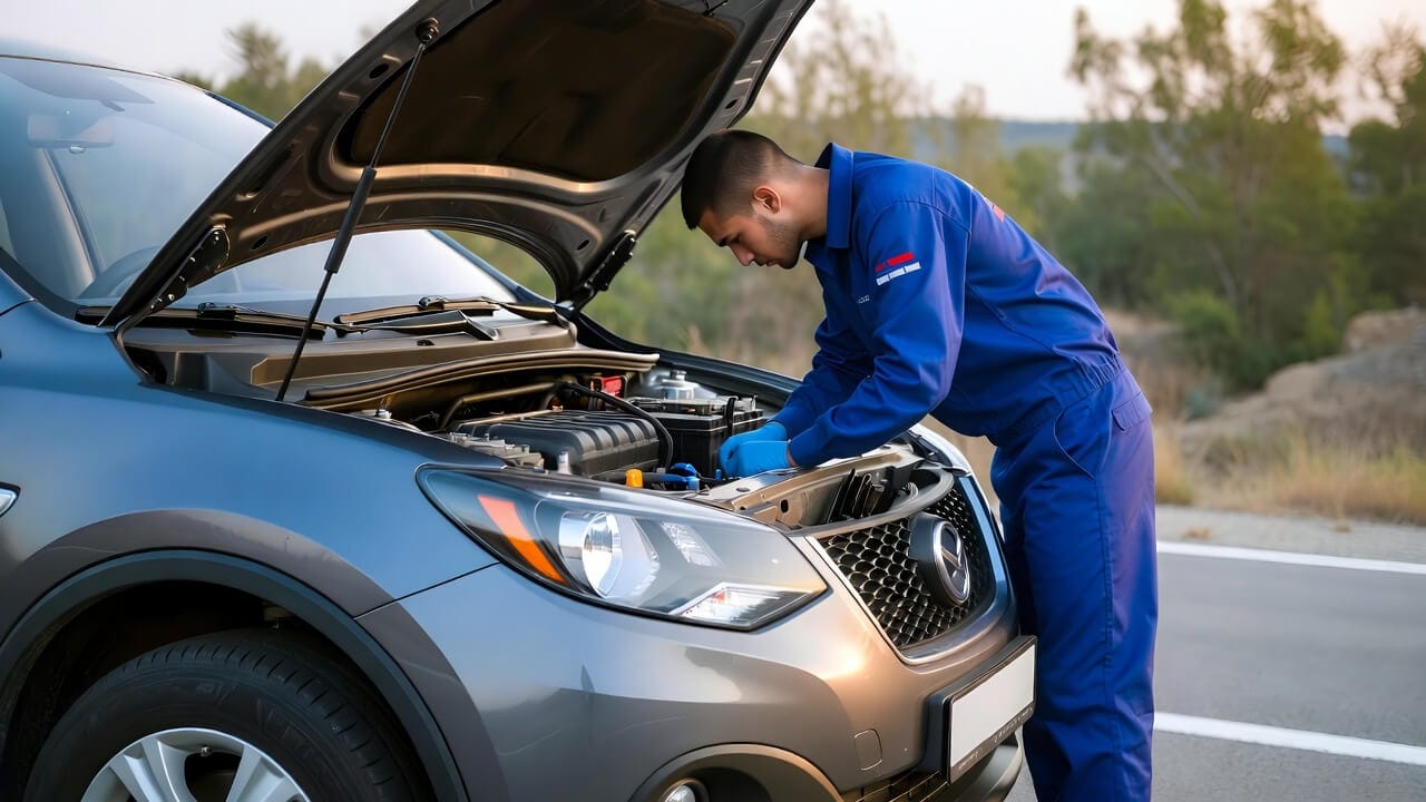 Gemlik Akü Değişimi Gemlik akü değişimi hizmeti sırasında araç kaputu açık şekilde akü kontrolü yapan usta