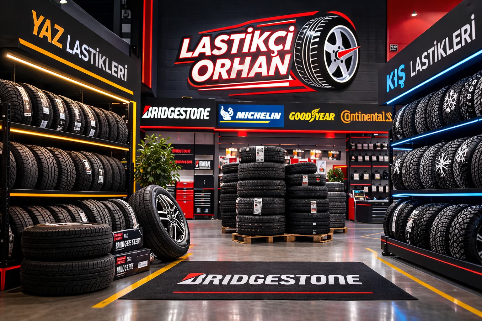 Gemlik Yaz Kış Lastikleri – Geniş Stok ve Marka Seçenekleri Gemlik lastik mağazasında yaz ve kış lastikleri raflarda düzenli şekilde sergilenmiş ve marka panoları görünür