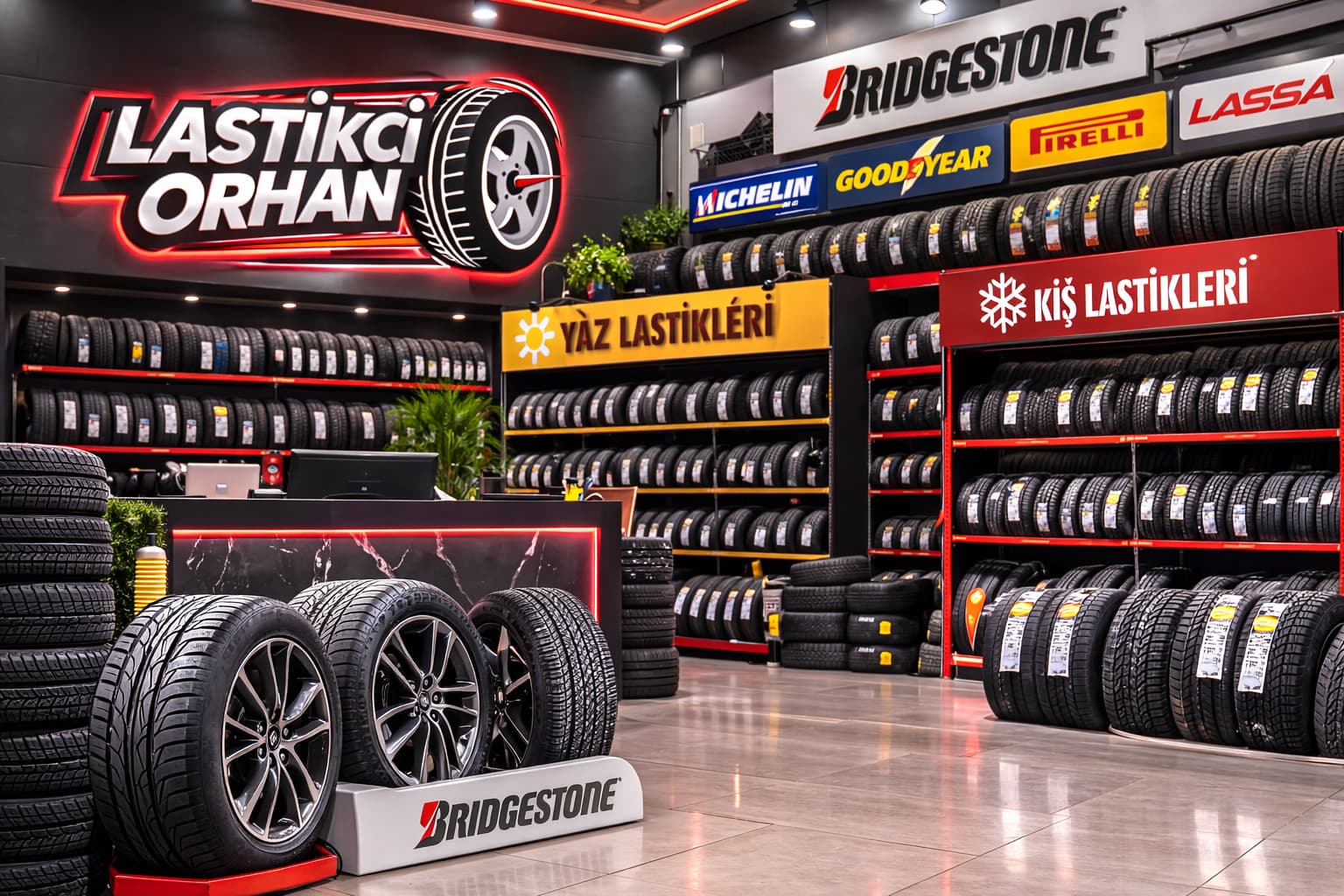 Gemlik Yaz Kış Lastikleri – Toptan ve Perakende Satış Gemlik’te lastik mağazasında yaz ve kış lastikleri raflarda düzenli şekilde sergilenmiş